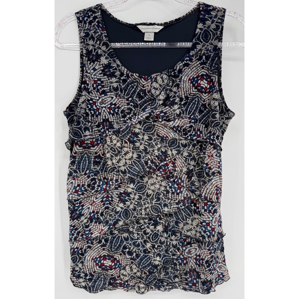 Christopher & Banks Womens Navy Blue Tiered Ruffle Mesh Sleeveless Blouse Sz M